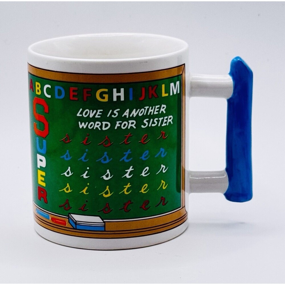 Vintage 1984 Chalk Board Sister Mug Blue Chalk Handle 8 oz Teacher Coffee Cup